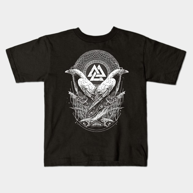 Odin Ravens Valknut Norse Pagan Viking Raven Huginn and Muninn Kids T-Shirt by Blue Pagan